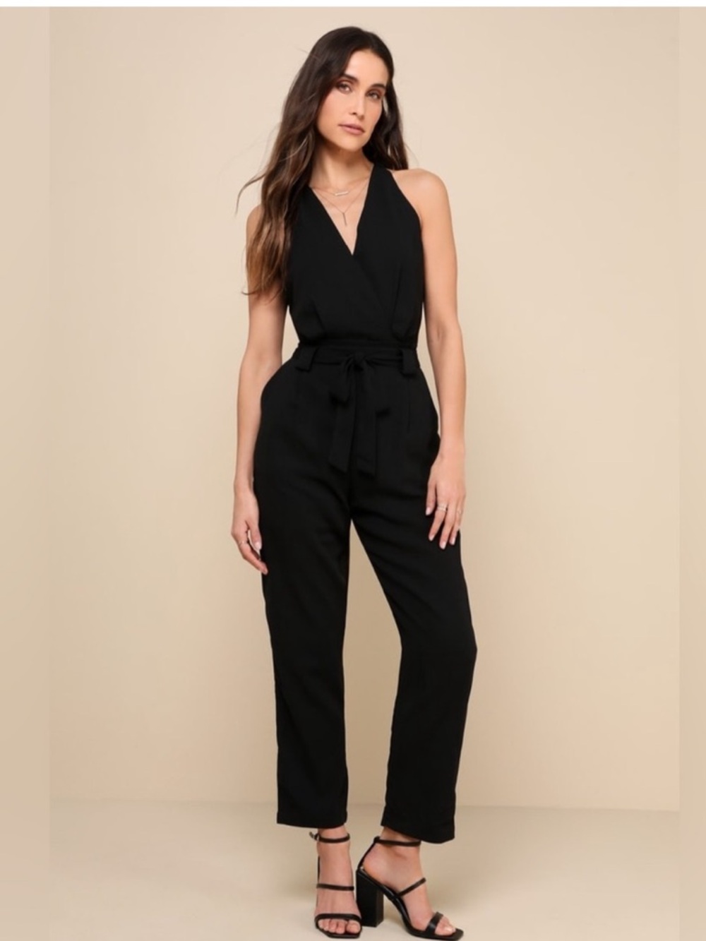 Lulus In the City Black Surplice Sleeveless Jumpsuit